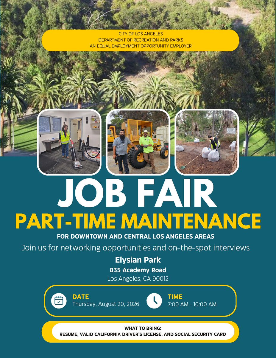 LACityParks's tweet photo. Join us at Elysian Park for a Part-Time Maintenance Job Fair! ☀️ Bring your resume, valid California driver's license, and social security card to take part in amazing networking opportunities and on-the-spot interviews!

#JobFair #EverythingUnderTheSun #ParkProudLA #LACityParks https://t.co/hj7AtlQyV3