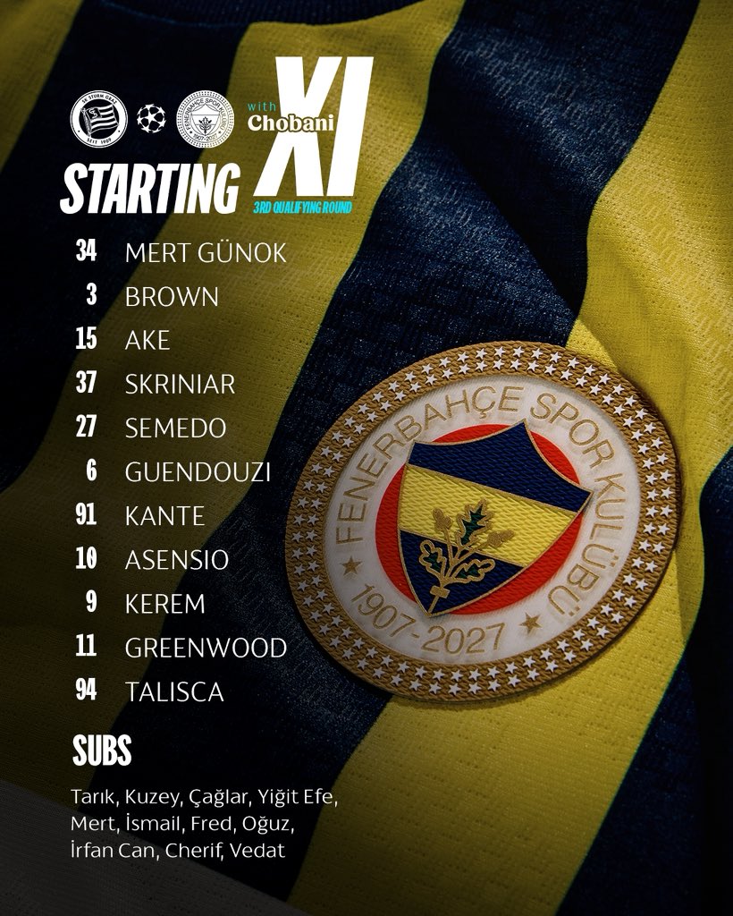 Fenerbahce's tweet photo. 📋 Sturm Graz maçı ilk 11'imiz belli oldu. 

#STUvFB https://t.co/uawsWcaF3f