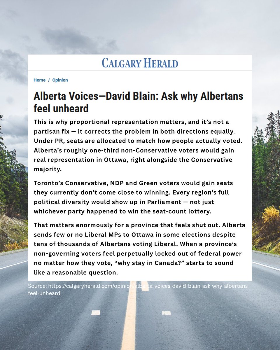 FairVoteCanada's tweet photo. Canada's unity crisis is worsened by a voting system that locks voters out. 

@beachmagoo points out in the Calgary Herald that proportional representation ensures every region’s full political diversity shows up in Ottawa instead of provinces becoming one party monoliths. https://t.co/c7VY3X4OzU