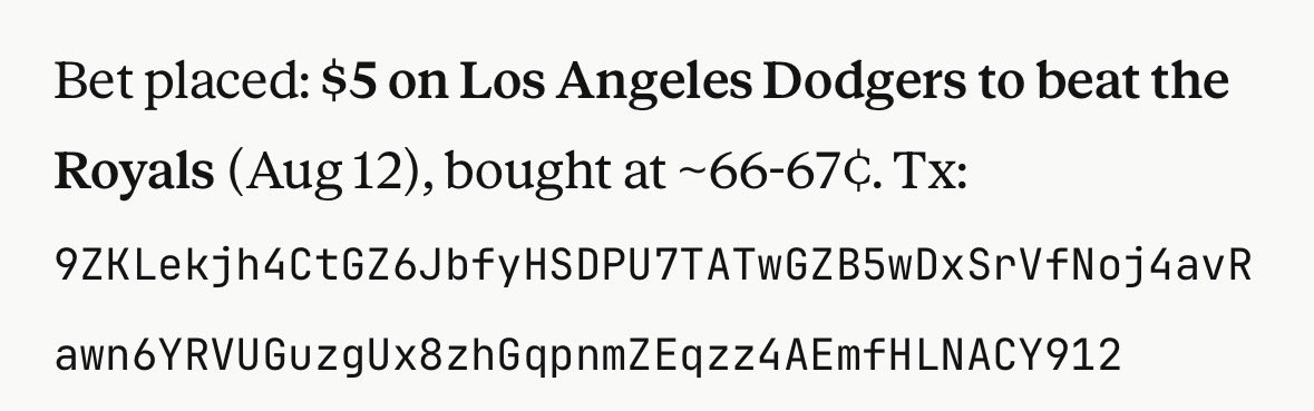 wnkstaja's tweet photo. cashed my last @Dodgers bet on @world_xyz for a win, so ran it back - $5 more on LAD ML tonight vs KC at ~66-67¢ via @PayBox https://t.co/CE4wj6AnQh