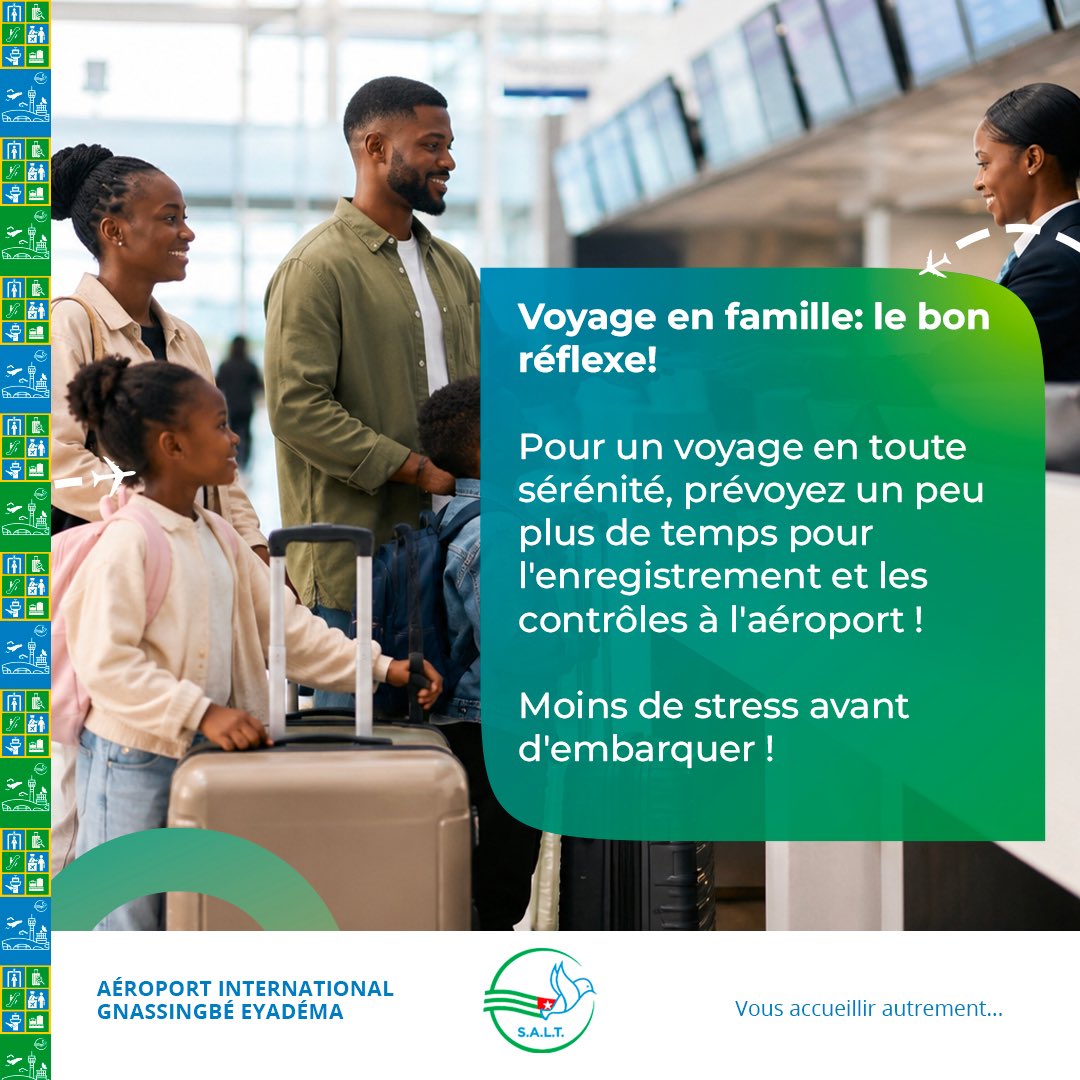 LomeAirport's tweet photo. ✈️ VOYAGE EN FAMILLE : LE BON RÉFLEXE !

Pour un voyage en toute sérénité, prévoyez un peu plus de temps pour l’enregistrement et les contrôles à l’aéroport.

👨‍👩‍👧‍👦 Moins de stress avant d’embarquer !

#SALT #AIGE #ConseilsVoyageurs #VoyageEnFamille #VoyageSerein #AéroportDeLomé #Togo
