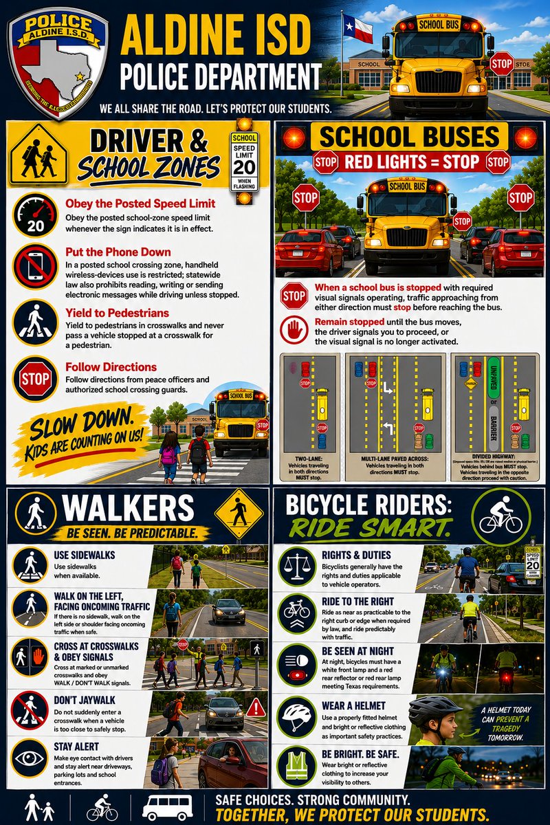 AldineISD's tweet photo. 🚨BACK TO SCHOOL MEANS BACK TO SAFETY!🚨

A new school year is here, and while we’re excited to welcome our students, families and staff back to campus, safety must remain a shared responsibility. From the moment students leave home in the morning until they return safely in the afternoon, there are important steps we can all take to help make the school day safer.

TAKE A MOMENT TO REVIEW THE FLYER BELOW! Let's stay safe and #ChooseAldine