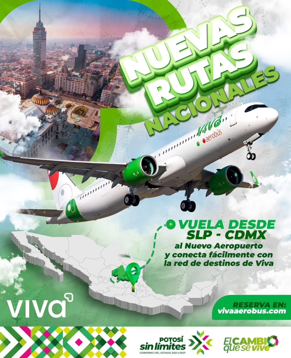 IMEIOficialSLP's tweet photo. ¡Más conectividad para las y los potosinos! ✈️✨
​Viaja de forma rápida y práctica de San Luis Potosí a la Ciudad de México con las nuevas rutas de Viva Aerobus. Reserva tu lugar en: https://t.co/CMLAIo8SDe
​#ElCambioQueSeVive #PotosíSinLímites @RGC_Mx https://t.co/yobiYeR9su