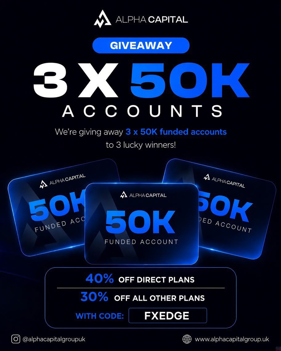 HerFXEdge's tweet photo. Officially Partnering with @AlphaCapitalUK and to celebrate that  🎁 3 x $50K Giveaway 🎁

🔹Follow @AlphaCapitalUK @HerFXEdge @RoguePips_ @Heis_sele @Iketrades_

🔹Like &amp; Repost this post and comment your plan for passing this challenge.

🔹Tag 3 traders.

Announcement in 7 days https://t.co/vUzZOIVBvs