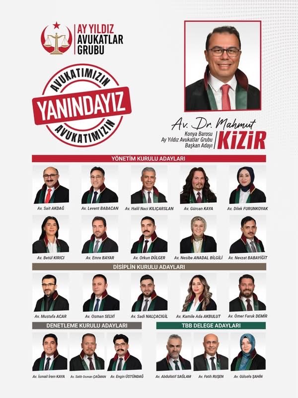 ahmetsukrukilic's tweet photo. Ay Yıldız Avukatlar Grubu aday listesini açıkladı

Konya Barosu’nun 2026–2028 dönemi Olağan Genel Kurulu öncesinde Ay Yıldız Avukatlar Grubu, Av. Dr. Mahmut Kizir’in başkan adaylığındaki yönetim listesini kamuoyuyla paylaştı.

Yeni dönemde katılımcı bir yönetim, etkin temsil ve güçlü bir baro hedefiyle yola çıktıklarını belirten grup; genç avukatların heyecanını, kıdemli meslektaşlarının tecrübesini ve ilçelerde görev yapan avukatların ihtiyaçlarını ortak bir yönetim anlayışında buluşturmayı amaçladıklarını bildirdi.

Ay Yıldız Avukatlar Grubu tarafından yapılan açıklamada, baro seçiminin yalnızca yeni bir yönetimin belirlenmesinden ibaret olmadığı; avukatlık mesleğinin geleceği, Konya Barosu’nun kurumsal duruşu ve meslektaşların nasıl bir baro görmek istediği bakımından önemli bir tercih olduğu vurgulandı.

Her avukatın sözünün duyulduğu, emeğinin karşılık bulduğu, haklarının ve mesleki itibarının korunduğu güçlü bir Konya Barosu hedeflediklerini ifade eden grup, 2026–2028 dönemi aday listesini meslektaşlarının takdirine sundu.

Açıklamada, “Katılımcı bir yönetim, etkin bir temsil ve güçlü bir baro için; teoride bilgiyle, adliyede ilgiyle avukatımızın yanındayız” ifadelerine yer verildi.