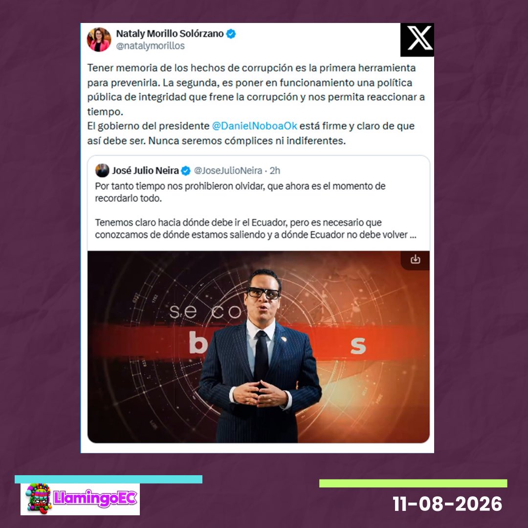 LlamingoE's tweet photo. 🇪🇨 #POLÍTICA | La ministra de Gobierno, @natalymorillos , aseguró que el Gobierno no será “cómplice ni indiferente” frente a hechos de corrupción, tras una publicación de @JoseJulioNeira sobre casos relacionados con el correísmo.

Morillo sostuvo que recordar los hechos de corrupción es una herramienta para prevenirlos y señaló la necesidad de implementar políticas públicas de integridad que permitan actuar a tiempo.

Una declaración contundente contra la corrupción… ahora el reto será que la misma vara se aplique para todos, sin importar de qué lado venga.

#NatalyMorillo #Corrupción #Ecuador #Política #Gobierno