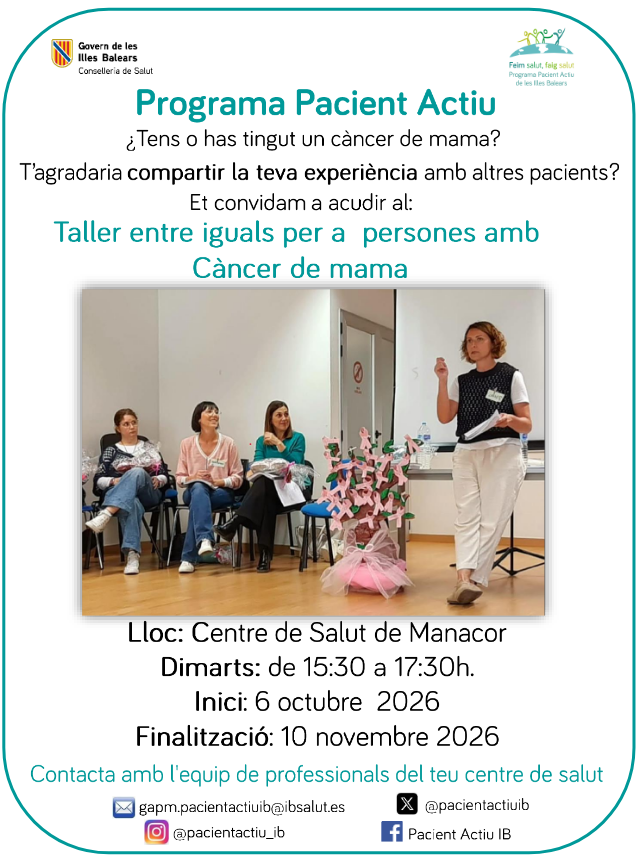 cssatorre's tweet photo. 🌸 No has de recórrer aquest camí sola.
Si tens o has tingut càncer de mama, comparteix experiències, resol dubtes i troba suport. 
📍 Centre de Salut de Manacor
📅 6/10–10/11/2026
🕒 Dimarts, 15.30–17.30 h
👉 Inscriu-t’hi al teu centre de salut.
#CancerDeMama #SuportEntreIguals https://t.co/cUcsaClHwJ