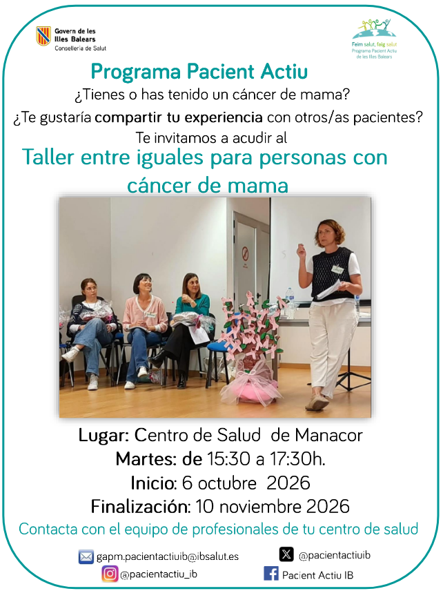 cssatorre's tweet photo. 🌸 No has de recórrer aquest camí sola.
Si tens o has tingut càncer de mama, comparteix experiències, resol dubtes i troba suport. 
📍 Centre de Salut de Manacor
📅 6/10–10/11/2026
🕒 Dimarts, 15.30–17.30 h
👉 Inscriu-t’hi al teu centre de salut.
#CancerDeMama #SuportEntreIguals https://t.co/cUcsaClHwJ