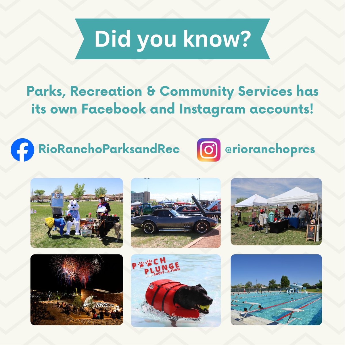 RioRanchoNM's tweet photo. Did you know? The City of Rio Rancho Parks, Recreation and Community Services Department has its own Facebook and Instagram pages! Follow them to stay informed. 

Facebook: RioRanchoParksandRec
Instagram: @rioranchoprcs https://t.co/AuTshbIE41