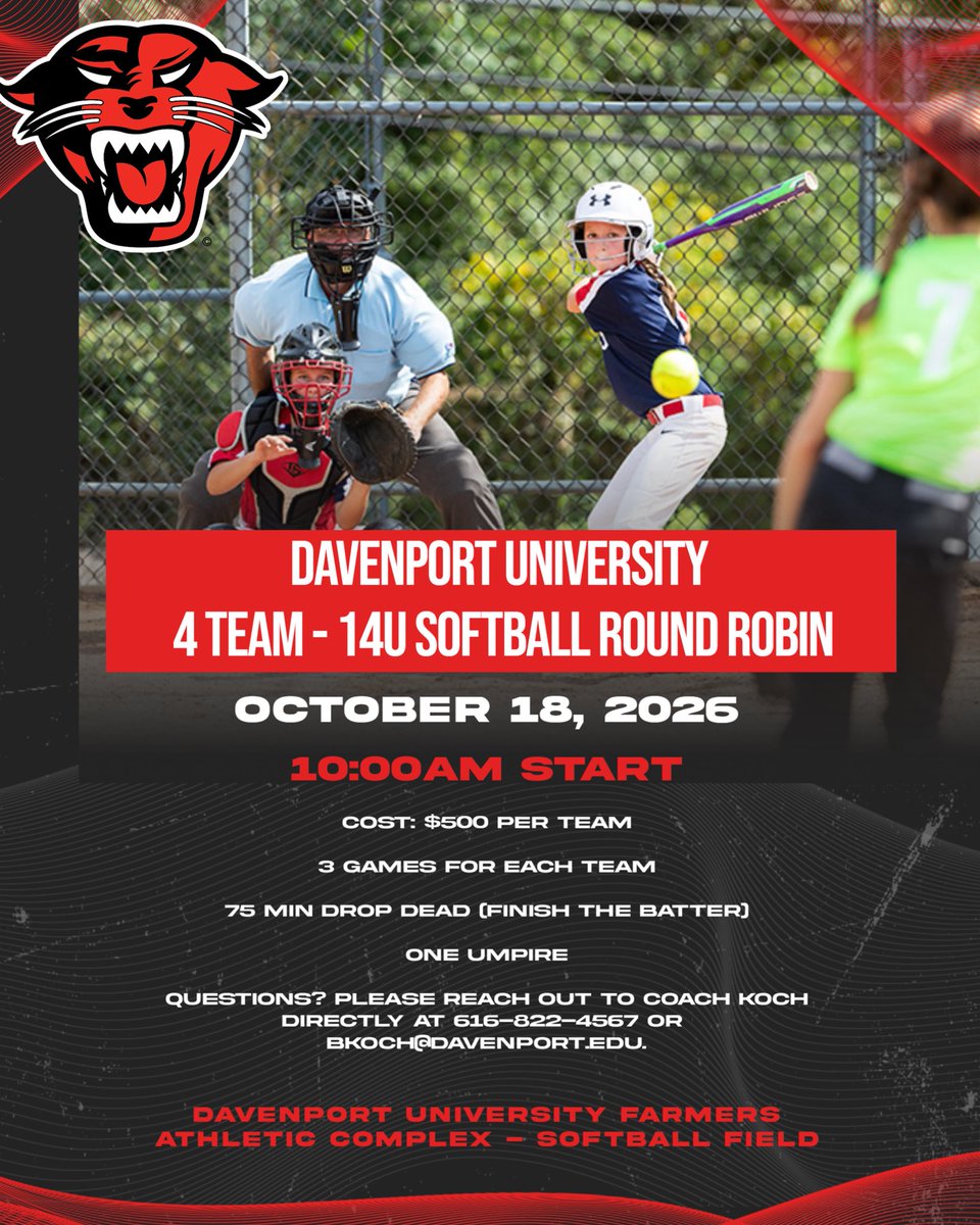 DU_PantherSball's tweet photo. Still two spots available in our 14U Round Robin on October 18!  

Coaches, email me at bkoch@davenport.edu if interested. https://t.co/oun938JHK4