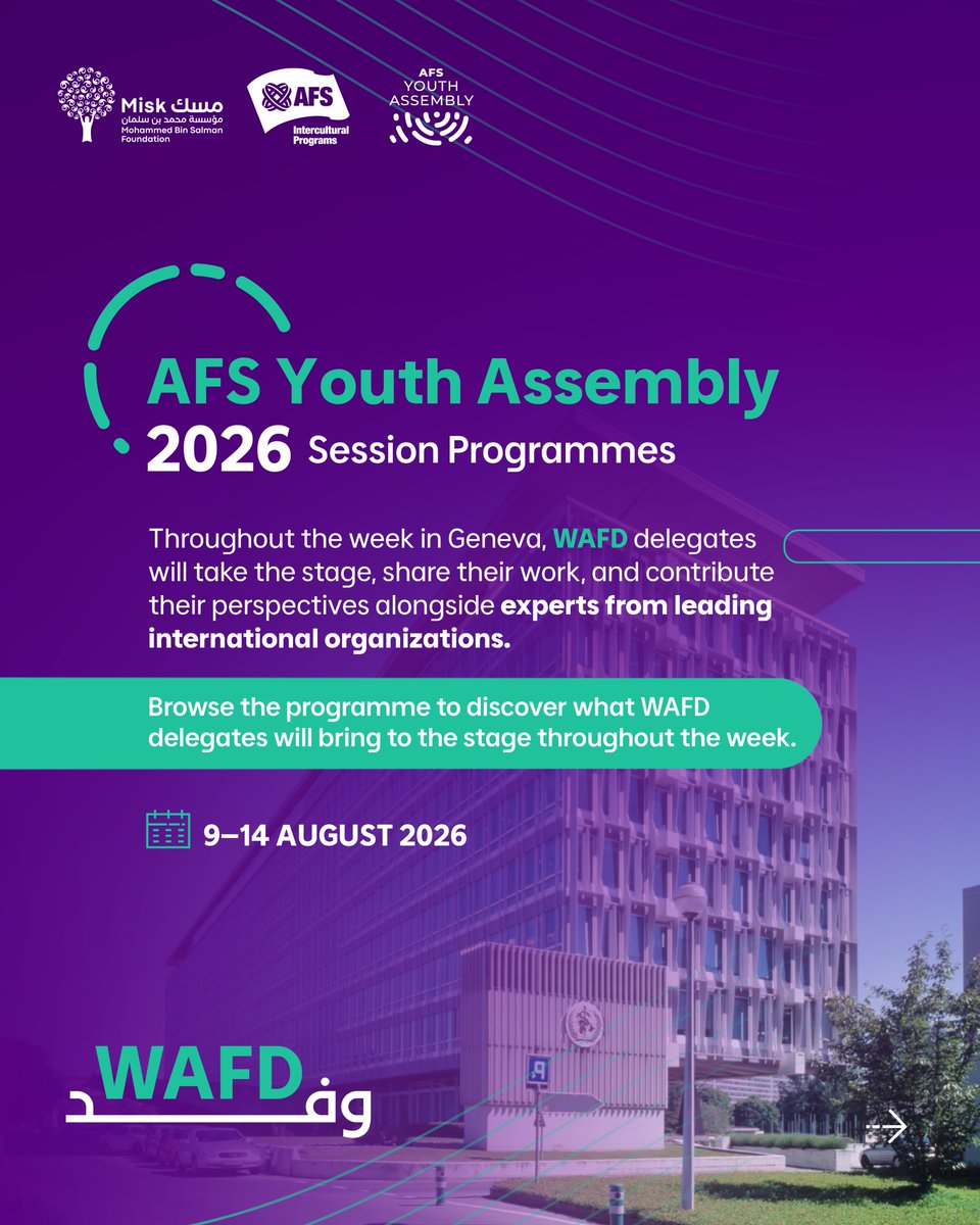 Misk_Global's tweet photo. The first international engagement of WAFD 2026 delegates is underway.
At the 31st AFS Youth Assembly, delegates will contribute to workshops, programme activations, and panel discussions on health, sustainability, innovation, and youth leadership. #WAFDMisk https://t.co/WpESruyVBZ