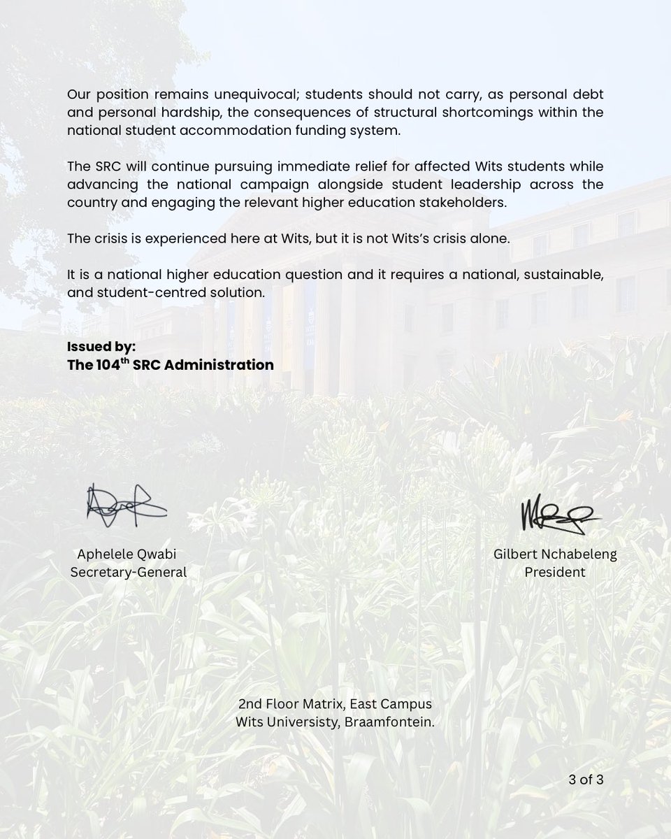 Wits_SRC's tweet photo. The 104th Wits SRC Administration responds to the ongoing NSFAS accommodation crisis and its impact on students at Wits and across the country.

The crisis is national. The response must be national. https://t.co/TXAbnYQjFP