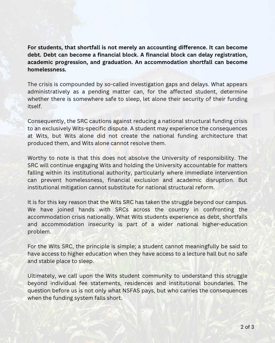 Wits_SRC's tweet photo. The 104th Wits SRC Administration responds to the ongoing NSFAS accommodation crisis and its impact on students at Wits and across the country.

The crisis is national. The response must be national. https://t.co/TXAbnYQjFP