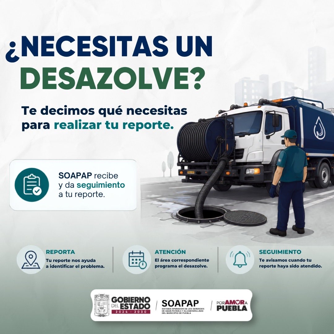 SOAPAPGobPue's tweet photo. 💧 ¿Necesitas un desazolve?

Para realizar tu reporte, comparte información que permita identificar con precisión el lugar y el problema:

📍 Ubicación exacta
📝 Descripción de lo que sucede
📸 Fotografías o video.
Con esta información, se canaliza al área correspondiente para su revisión y programación.

📞 Desazolves: 222 246 02 15, ext. 1008

🕘 Horario de atención: lunes a viernes, de 09:00 a 17:00 h.