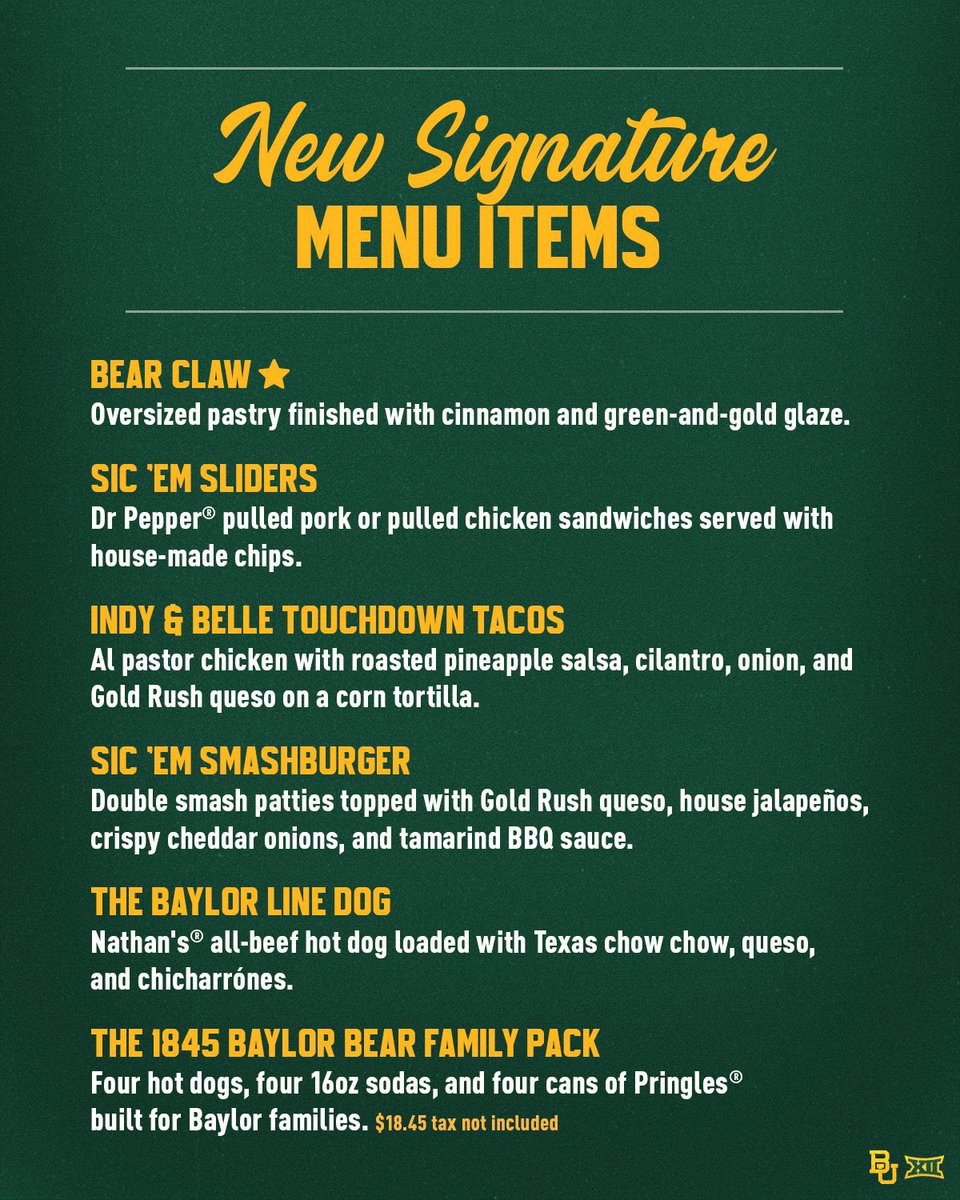 BaylorAthletics's tweet photo. Coming to @McLaneStadium this fall 😮‍💨

Be ready to bring your appetite for @BUFootball game day. https://t.co/BLtJYm52kP
