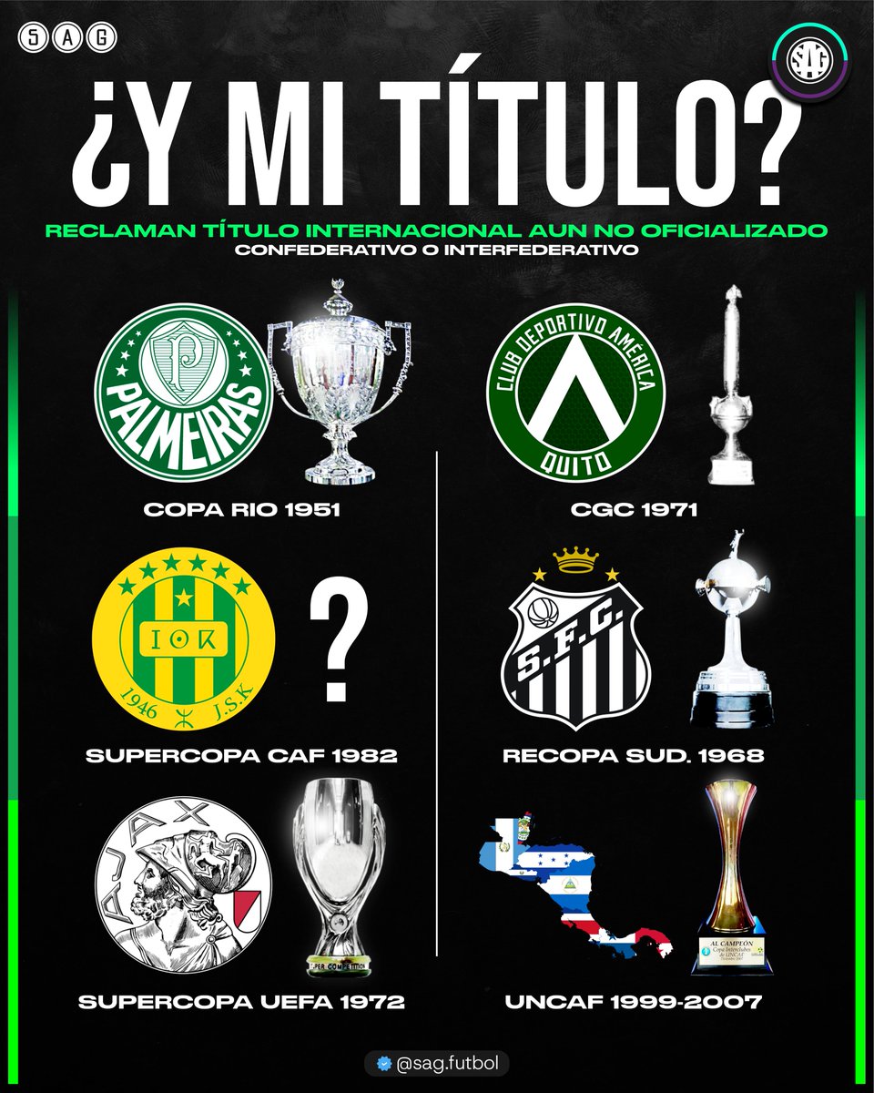 sagfutbol's tweet photo. ¿Y MI TÍTULO? 🤬

Clubes que reclaman un título internacional aún no oficializado confederativamente o mundial

🇧🇷 Palmeiras - Copa Río 1951 
🇪🇨 América de Quito - CGC 1971
🇩🇿 Kabylie - Supercopa CAF 1982
🌎 Clubes centroamericanos - Interclubes de UNCAF
🇧🇷 Santos - Recopa Sudamericana 1969
🇳🇱 Ajax - Supercopa UEFA 1972