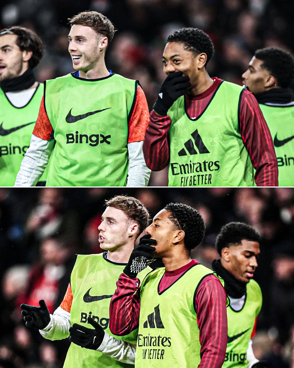 ESPNUK's tweet photo. That time Cole Palmer and Myles Lewis-Skelly were watching Arsenal vs. Chelsea from the sidelines together 👀 https://t.co/eZUxLpraET
