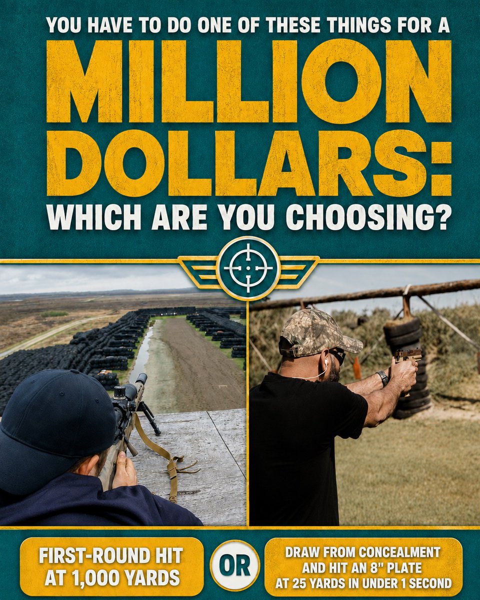 OpticsPlanet's tweet photo. $1,000,000 is on the line… and you only get one shot at one challenge. 🎯💰

Would you rather:

🎯 Make a first-round hit at 1,000 yards
or
🔫 Draw from concealment and hit an 8” plate at 25 yards in under 1 second

Which one are you choosing, LONG RANGE or SPEED? Drop your pick in the comments 👇

Tag someone who thinks they could pull it off. 😏