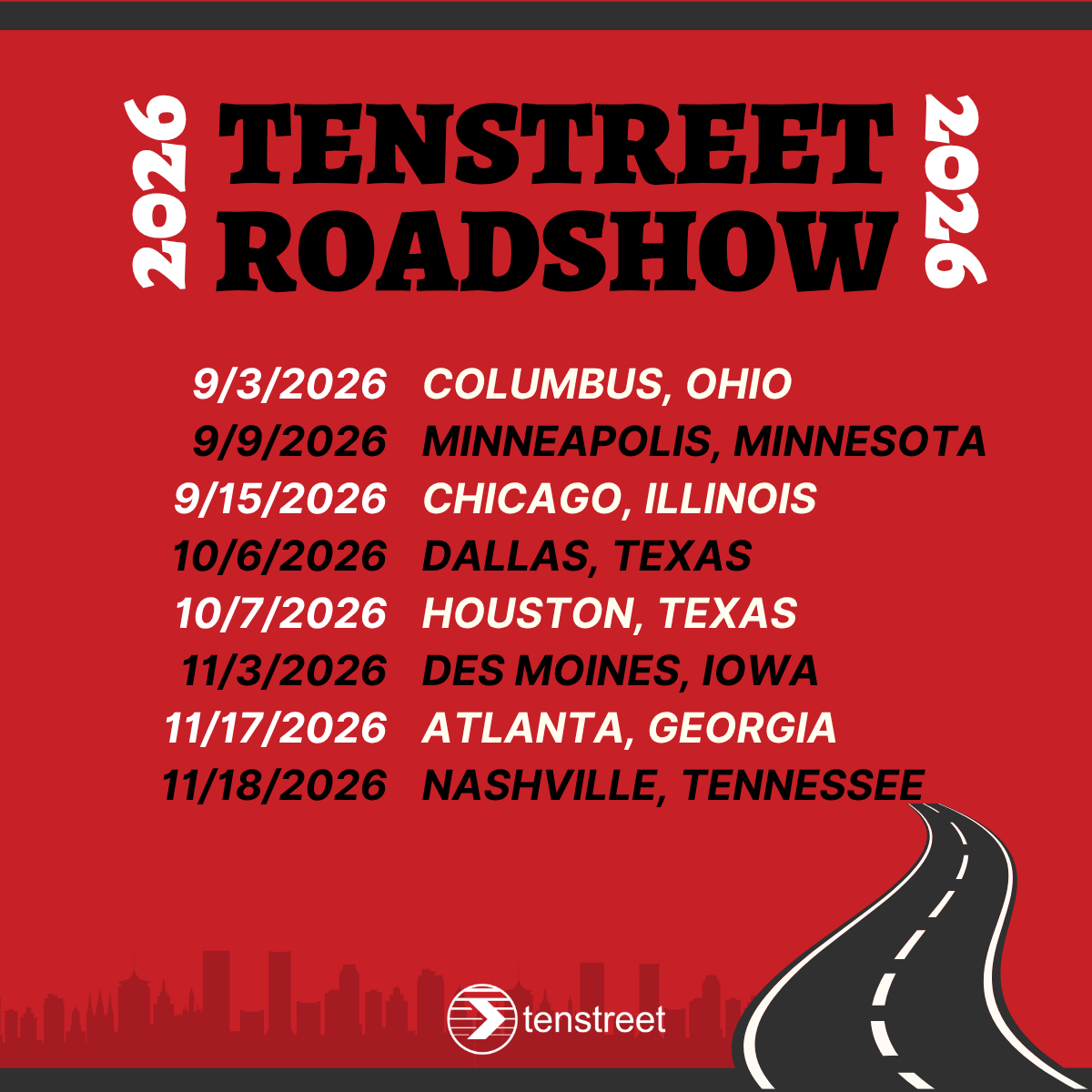 tenstreet's tweet photo. The 2026 Tenstreet Roadshow is heading to 8 cities this fall!

Join our CEO &amp; Product Team for driver market insights, the latest Tenstreet updates &amp; AI automations, hands-on tips, &amp; time with our team.

Find your stop &amp; save your seat for just $99! 👇 https://t.co/CRXquszNs8 https://t.co/HHxKnBXoDR