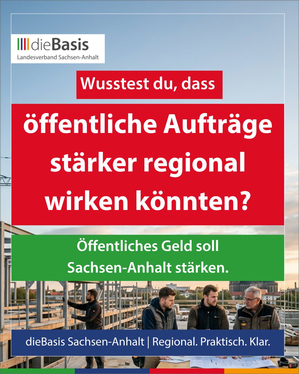 DieBasisLSA's tweet photo. Wusstest du, dass öffentliche Investitionen auch die regionale Wirtschaft stärken können?
dieBasis Sachsen-Anhalt setzt sich für mittelstandsfreundliche Vergabeverfahren ein.
Welcher Betrieb aus deiner Region verdient mehr Chancen bei öffentlichen Aufträgen?
🎱 Liste 8 wählen https://t.co/lfiTGbLu5M