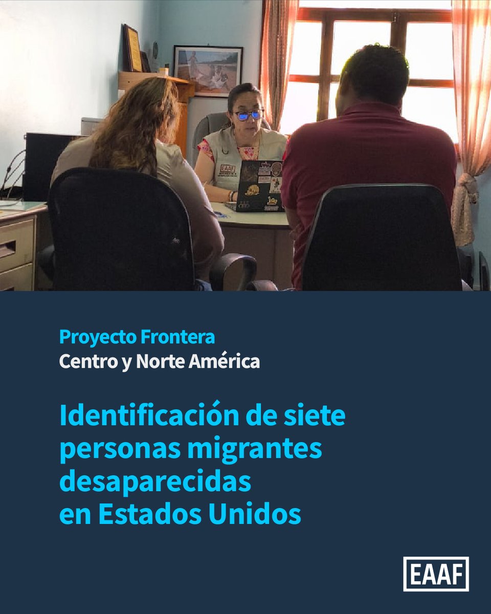 eaafoficial's tweet photo. Durante el mes de julio, siete personas migrantes desaparecidas fueron identificadas en el marco del Proyecto Frontera, que coordina el EAAF en Centro y Norte América.  

Cinco de las personas migrantes identificadas eran hombres y dos mujeres; tenían entre 24 y 42 años. Seis de las identificadas eran de El Salvador y una de México, del estado de Chiapas.  

Las desapariciones habían ocurrido entre los años 2004 y 2024. Y los restos fueron recuperados entre 2007 y 2024 en estados de la frontera sur de los Estados Unidos: cuatro en Texas, dos en Nuevo México y uno en Arizona.  

El Proyecto Frontera es una iniciativa que tiene por objetivo contribuir a la creación de un sistema transnacional y regional para la búsqueda forense de personas migrantes desaparecidas en el corredor migratorio de Centro y Norte América. Para hacerlo, el EAAF coordina este proyecto asociado con más de 100 organismos gubernamentales y organizaciones no gubernamentales de los países de este corredor. Hasta el momento más de 490 personas migrantes pudieron ser identificados y el banco de datos forense del Proyecto Frontera cuenta con información de más de 2.500 casos de personas migrantes desaparecidas originarias de 12 países. 

Foto: Monserrat Nájera González, antropóloga del EAAF, entrevista en Honduras a familiares de una persona migrante desaparecida.

#EAAF #ProyectoFrontera #AntropologíaForense #GenéticaForense #DerechosHumanos #Migración