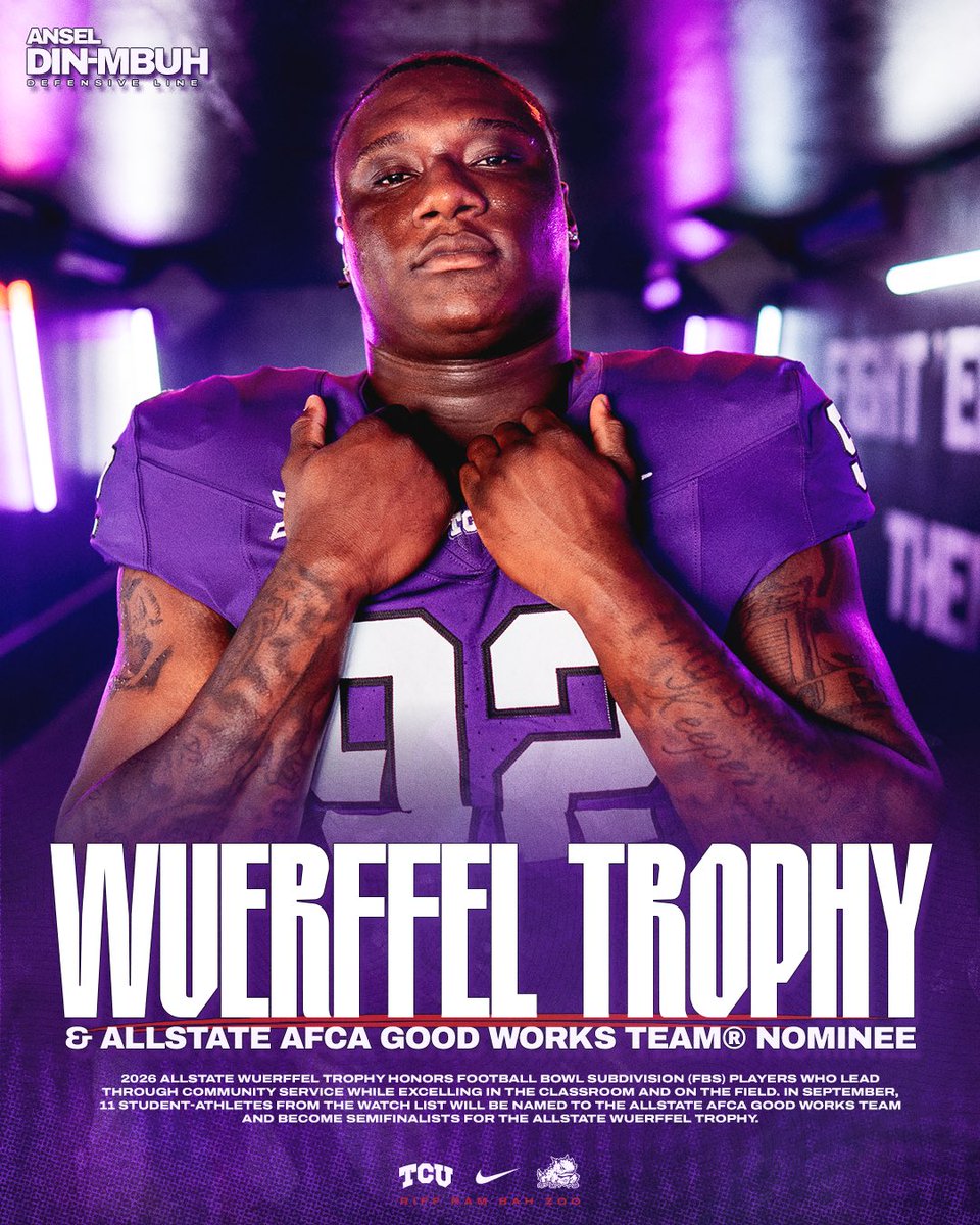 TCUFootball's tweet photo. 🏆 Ansel Din-Mbuh has been named a nominee for the Wuerffel Trophy, honoring players who lead through community service while excelling in the classroom and on the field. 

#GoFrogs 🐸 #ForTheWorthy https://t.co/MT8IYxmWpY