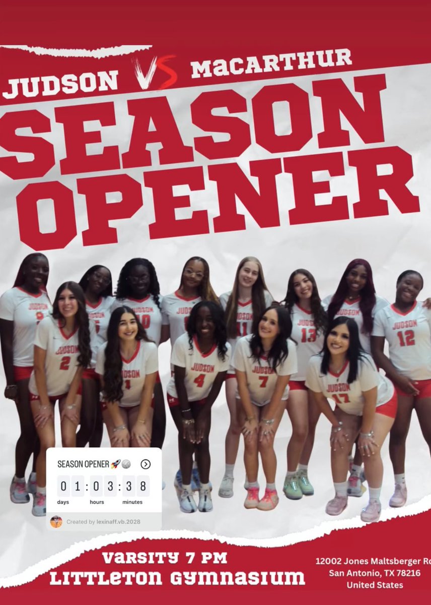 rocketvball12's tweet photo. 🚨 SEASON OPENER GAME DAY! 🚨
Our Judson Volleyball teams kick off the season today on the road against MacArthur! Come out and support the Rockets! 🚀
💪🏽 JV: 5:30 PM @ MAC
👶 Freshman: 6:30 PM @ MAC
🔥 Varsity: 7:00 PM @ Littleton Gymnasium https://t.co/yZBL5Lr5GN