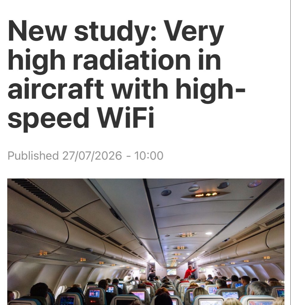 ze_rusty's tweet photo. You used to get on a plane & turn your phone on airplane mode

Now the plane itself has a satellite antenna beaming RF radiation around the cabin while 100’s of devices connect to WiFi

A new study measured ~651,000 µW/m² inside a Starlink equipped SAS aircraft

Welcome to flying in 2026