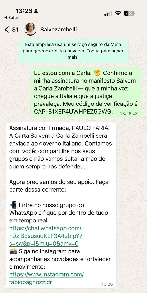 drpaulofaria22's tweet photo. Bora pessoal…

Vamos ajudar a CARLA ZAMBELLI!!!!

Reproduzindo o pedido do meu colega @fabiopagnozzidr 

“A luta pela Carla Zambelli não é só por ela. É por todos os que sofrem perseguição política no Brasil.

Como advogado, estou fazendo a minha parte na defesa e não vou recuar. Mas essa luta também precisa da mobilização de cada brasileiro que não aceita injustiças e abusos.

Precisamos começar a nos mobilizar.

Assine o abaixo-assinado SALVE ZAMBELLI e compartilhe. Vamos mostrar que ela não está sozinha.”

Eu já assinei!!!!

Bora!!!!

Clica no link e siga os passos… 👇👇👇

https://t.co/D30Xk1B8qH

Compartilhe sem dó! Vamos ajudar!