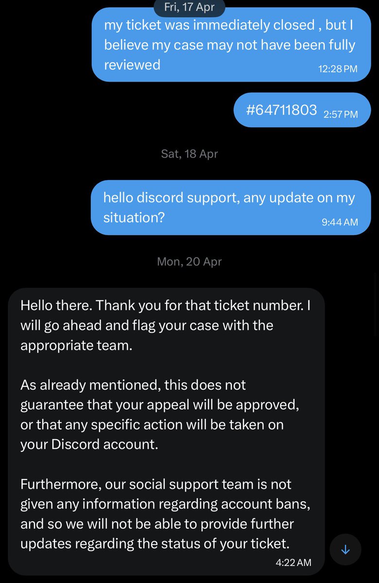 iiichicoo's tweet photo. discord please fix this , im also really confused because the ticket was marked as solved without any updates on my ban and the social team said they can’t help further :< https://t.co/3RPqOAogMB