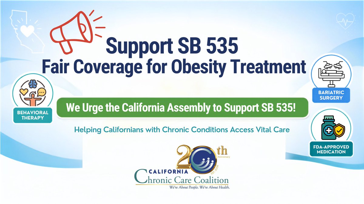 CAChronicCare's tweet photo. Californians living with #chronicconditions deserve access to #obesity treatment options. We urge the Assembly to support #SB535 (Richardson), requiring insurance to cover comprehensive obesity care. Let’s make fair coverage a reality! @BuffyWicks #CALeg #SB535 #PatientAccess https://t.co/PTQvlYTHxb