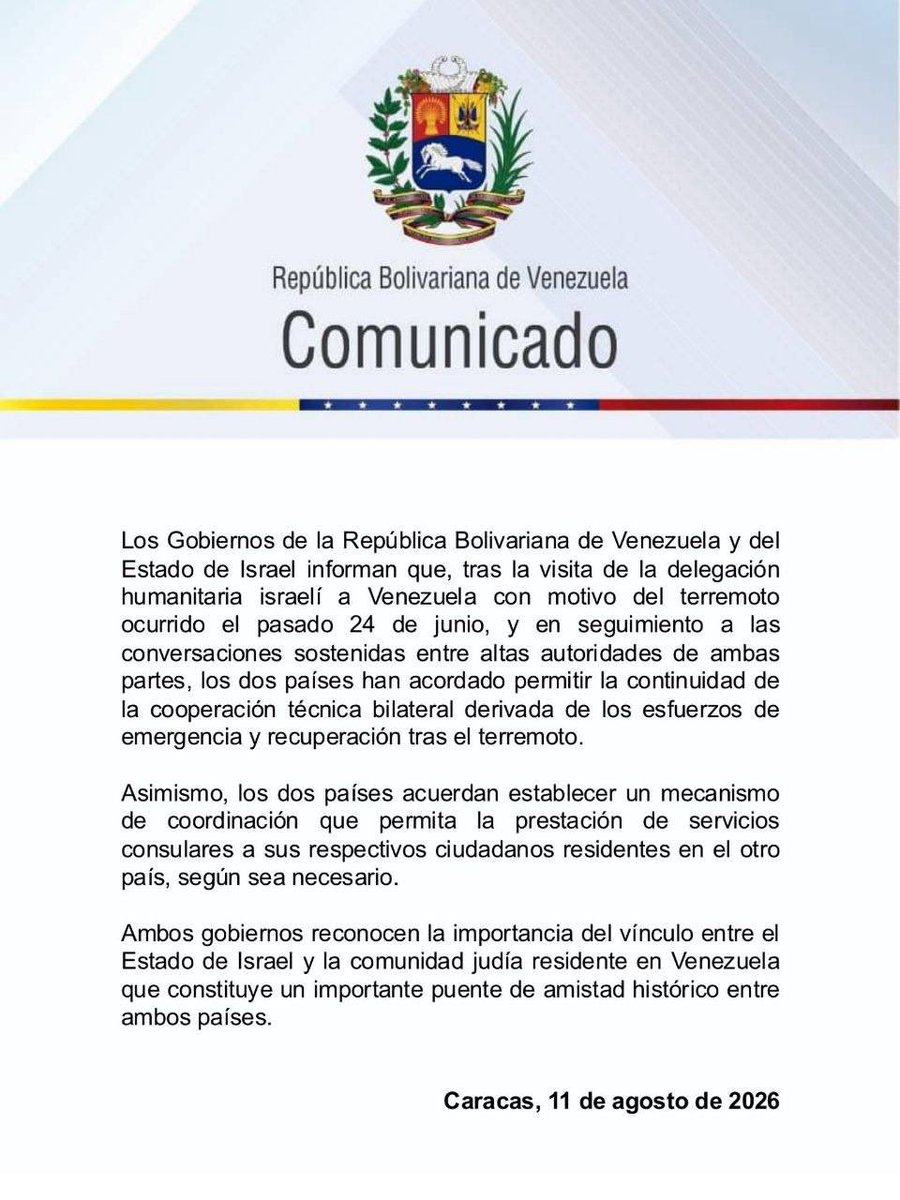 MintPressNews's tweet photo. 🚨BREAKING: Venezuela’s Government Has Restored Full Ties With Israel

This step comes after Caracas decided to withdraw from the ICC, a move that was designed to delegitimise the court in order to protect Benjamin Netanyahu.

The new U.S.-backed Venezuelan leadership has shifted the nation from an anti-imperialist stance to a pro-genocide one.