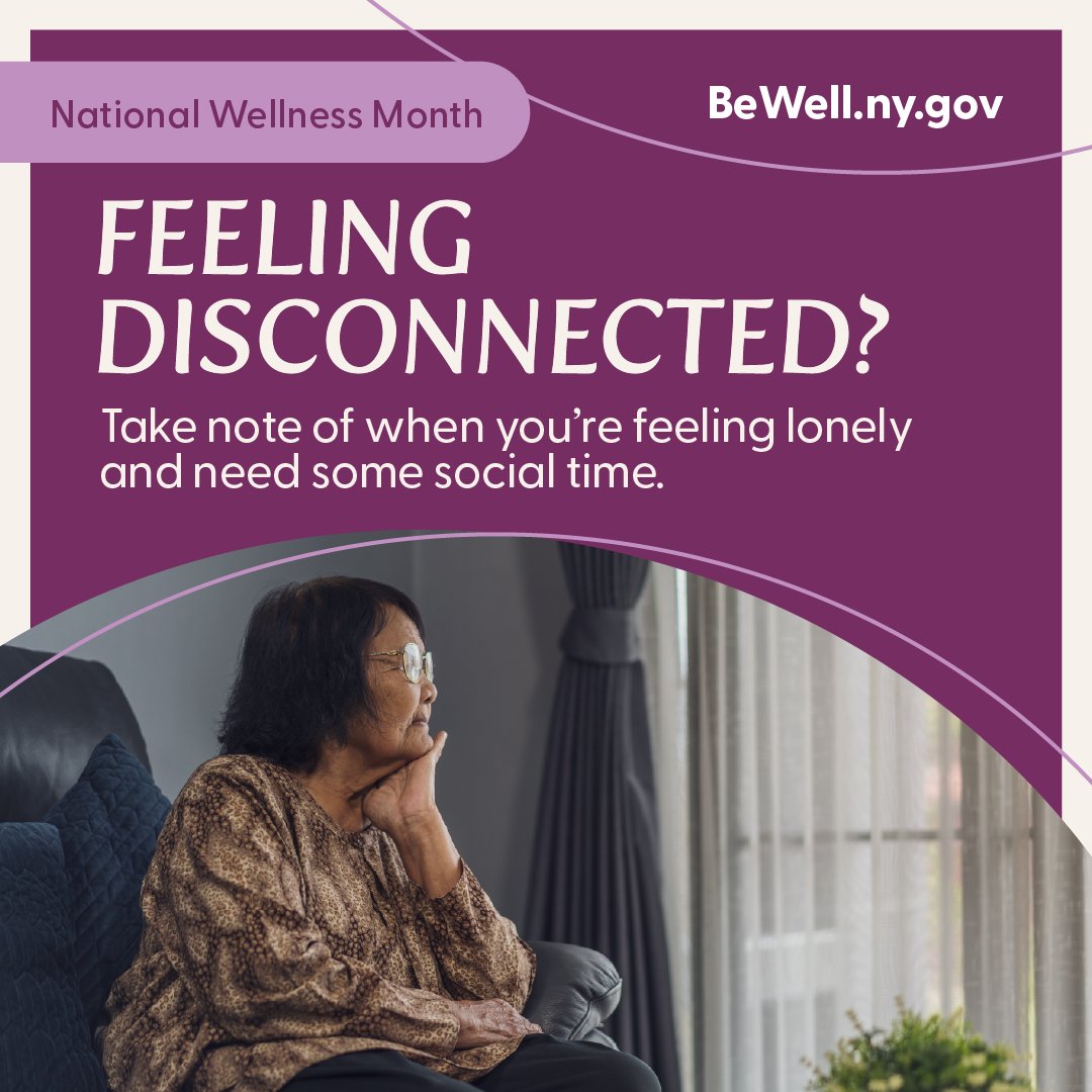 NYSomh's tweet photo. When you think of wellness, you might think of eating healthy or exercising. While those things are important, did you know that feeling connected to others is also a huge part of your wellbeing? Try these tips if you’re feeling lonely or disconnected from others. Do a connection self check-in: https://t.co/S4MeXxchGT
