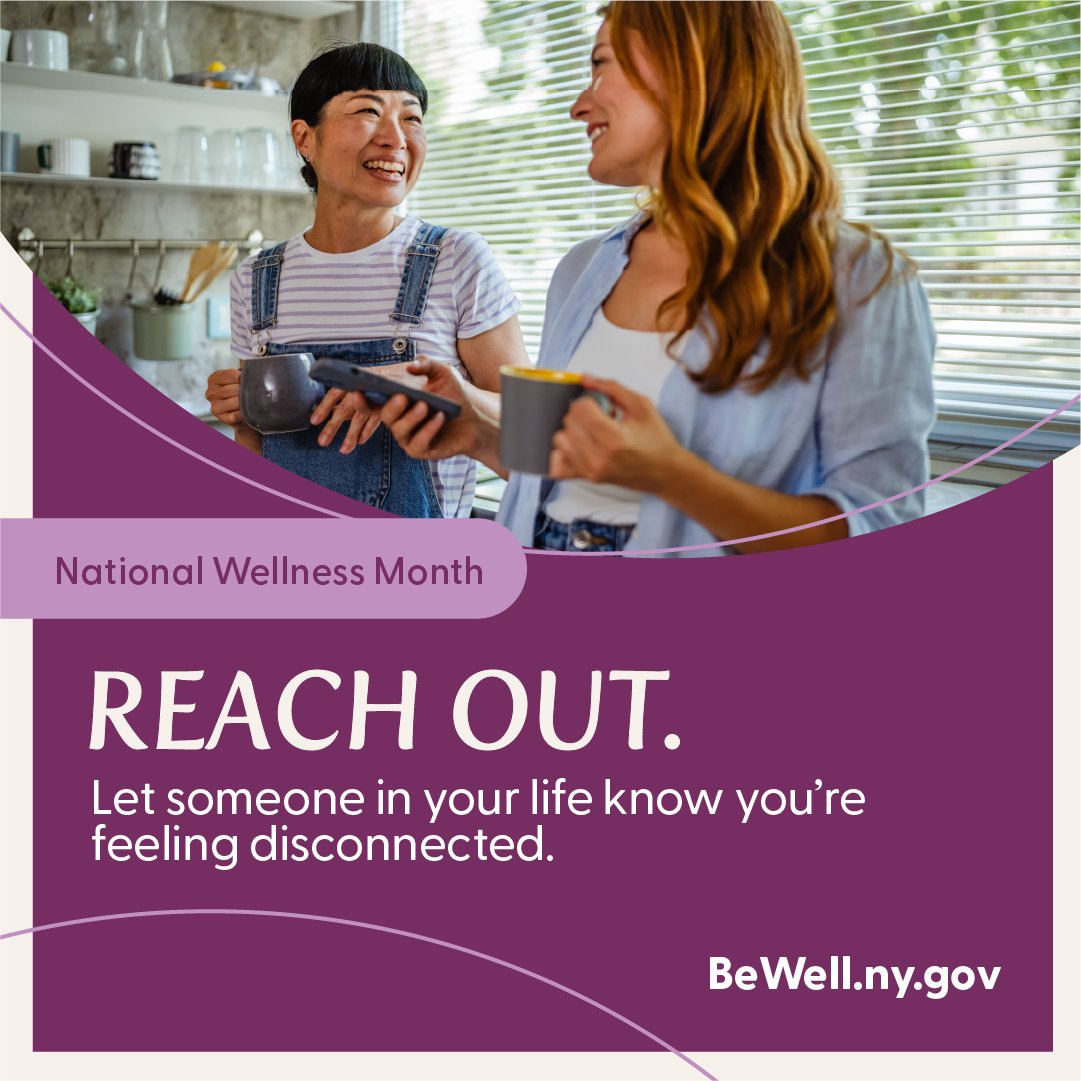 NYSomh's tweet photo. When you think of wellness, you might think of eating healthy or exercising. While those things are important, did you know that feeling connected to others is also a huge part of your wellbeing? Try these tips if you’re feeling lonely or disconnected from others. Do a connection self check-in: https://t.co/S4MeXxchGT