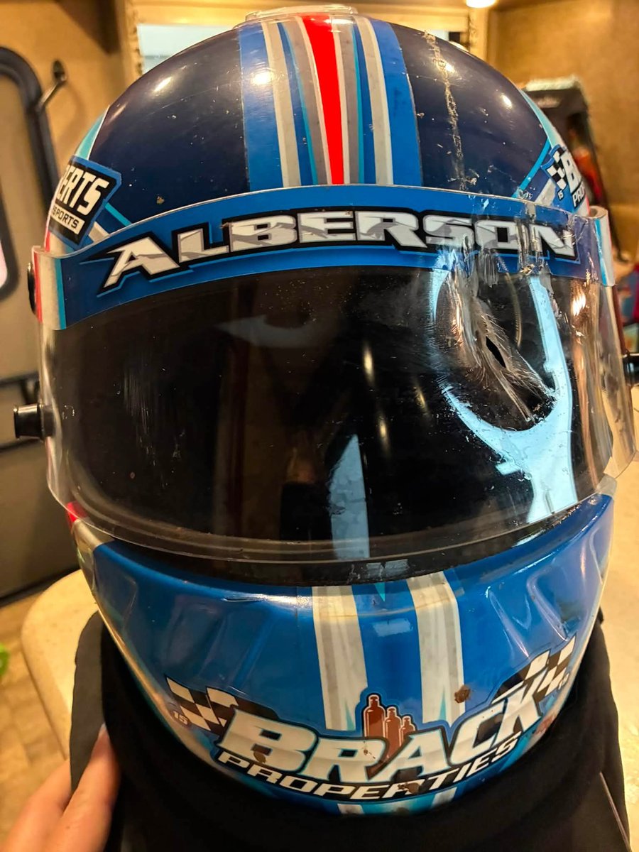 JFTrentRacing's tweet photo. Garrett Alberson and team share new details about what ended his North/South 100.

Garrett also told me: "Whatever it was didn't quite make it through the shield but impacted hard enough to essentially smash the shell/shield into my face/eye. So it was heavy whatever it was." https://t.co/gIV9KiPK1n