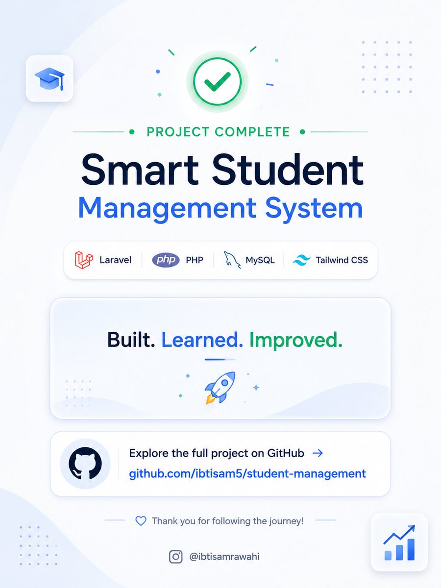 ibtisamrawahi's tweet photo. 🚀 Smart Student Management System — Built &amp; Shipped.
Laravel • PHP • MySQL • Tailwind CSS
CRUD • Search • Analytics • AI Insights

مشروع عملي بنيته خطوة بخطوة لتطوير مهاراتي وتحويل ما أتعلمه إلى تطبيق

Explore the full project on GitHub 

https://t.co/Pf3flXIxYv https://t.co/lTBVGa8IDv