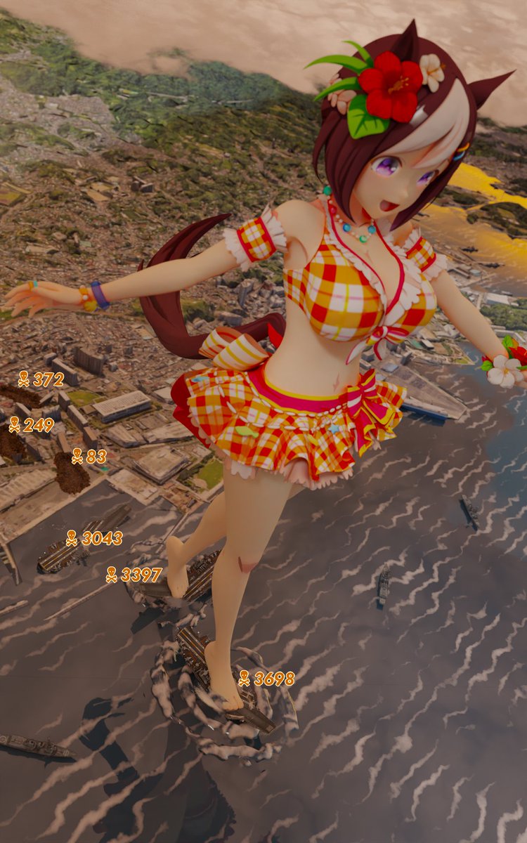 HietoReth's tweet photo. When Special Week set out from Tracen to the seaside I don't think she expected to get there quite at this size, but it certainly made the trip shorter!

(Also definitely expect her to stumble and fall on her next step and cause a tsunami.) https://t.co/eA79NPpET2