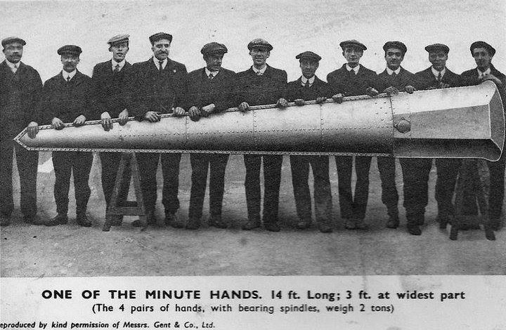 oldpicposter's tweet photo. Eleven Men holding one of the minute hands from the clocks on the Liverpool Royal Liver Building. https://t.co/SsDsRIVDXO