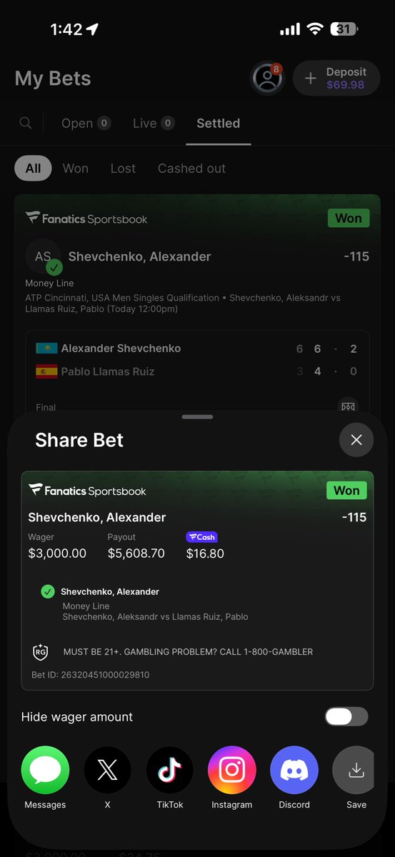 Waffgambles's tweet photo. From Kazakhstan with love🇰🇿🎾
Shevchenko ML-115
Was salivating at even money on this matchup since last night. https://t.co/bjDViMwoRz