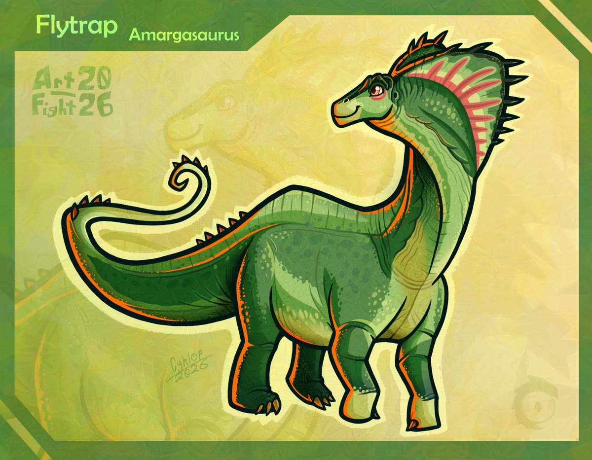 Cyklop_Art_'s tweet photo. Part 2, but as still images + with a black background of @/legallyabird (BlueSky & Art Fight) Amargasaurus.
Wanted to draw a creature / character that was green, and this dinosaur was my target.
#artfight #artfight2026 #teamcomedy #amargasaurus #dinosaur https://t.co/iPjEasUh75