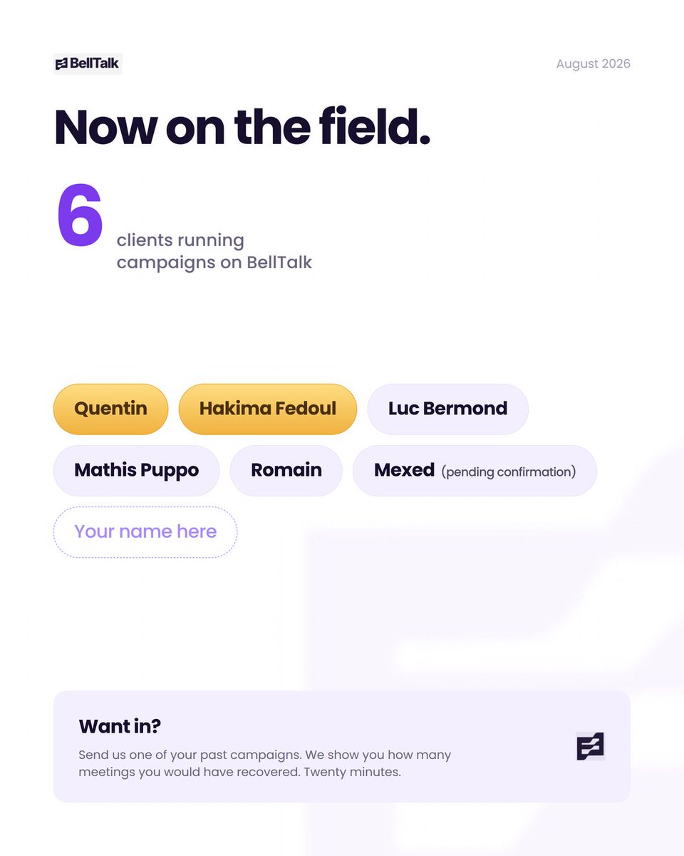belltalk_io's tweet photo. 2 new clients at BellTalk:

Quentin, fitness coach for women
Hakima Fedoul, 500k+ followers

Their leads on WhatsApp, SMS and Instagram are now qualified and turned into booked calls by our AI. 24/7, no setter to hire.

Welcome to both of you. https://t.co/BybrFqGZcn