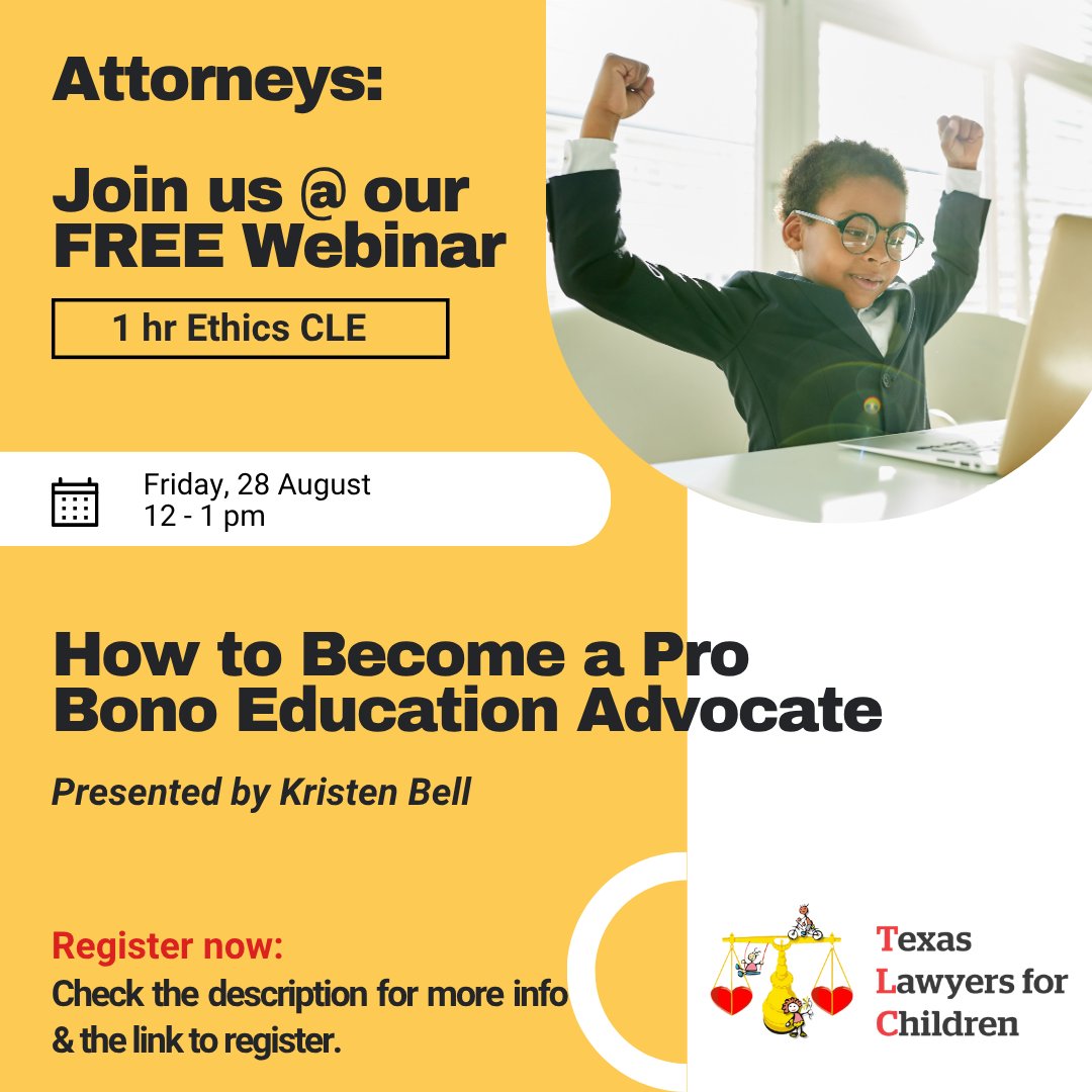 TLC_Updates's tweet photo. Join us for a free webinar (1 hour CLE) this Friday, 12-1pm. Learn how you could advocate for children in foster care. YOU could be their voice, their role model, their friend, and their hope for a brighter future!
Click to register. Hope to see you there!
https://t.co/VrHX1qCpm1 https://t.co/DG9U55zirM
