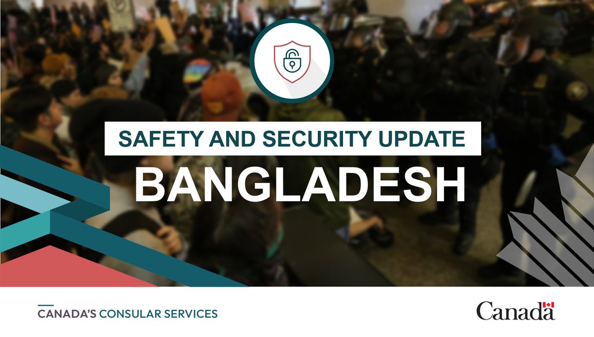 TravelGoC's tweet photo. Political tensions remain elevated in #Bangladesh. Demonstrations and civil unrest may occur with little warning. Avoid demonstrations and gatherings and follow the advice of local authorities. https://t.co/vR7GCYobeC https://t.co/Hu0XpdQLcZ