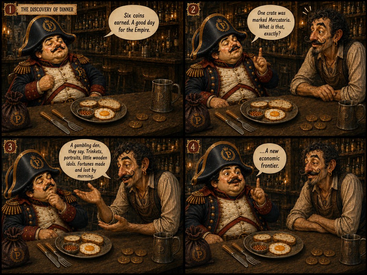 Pumpoleon's tweet photo. Day 2 — Evening.

Six coins in the treasury. Dinner earned.

And a new word in the Empire's vocabulary: Mercatoria. https://t.co/RUJEMBJsx3