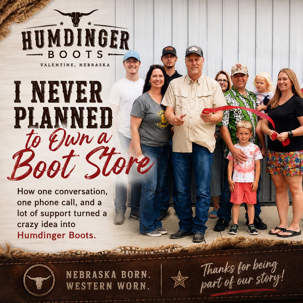 HumdingerBoots's tweet photo. I never planned to own a boot store.

On January 1, 2023, I was selling cars at Circle K Motors. I was happy, enjoyed what I was doing, and honestly thought that was probably where I would be until I retired.

By March, Humdinger Boots was becoming a reality.

It happened fast, but the experience behind it took more than 20 years to build. There were also a lot of people behind the scenes who believed in the idea, a wife who has supported more than a few of my “crazy ideas,” and even a sister-in-law who came up with the name Humdinger Boots.

I’ve never really told the whole story of how this place got started, so I decided it was time.

Read: I Never Planned to Own a Boot Store

👉 https://t.co/yw587dhVbg

Thanks to everyone who has been part of Humdinger Boots over the years. We wouldn’t be here without you.

— Ken

#HumdingerBoots #ValentineNebraska #SmallBusiness #WesternWear #CowboyBoots #NebraskaBusiness