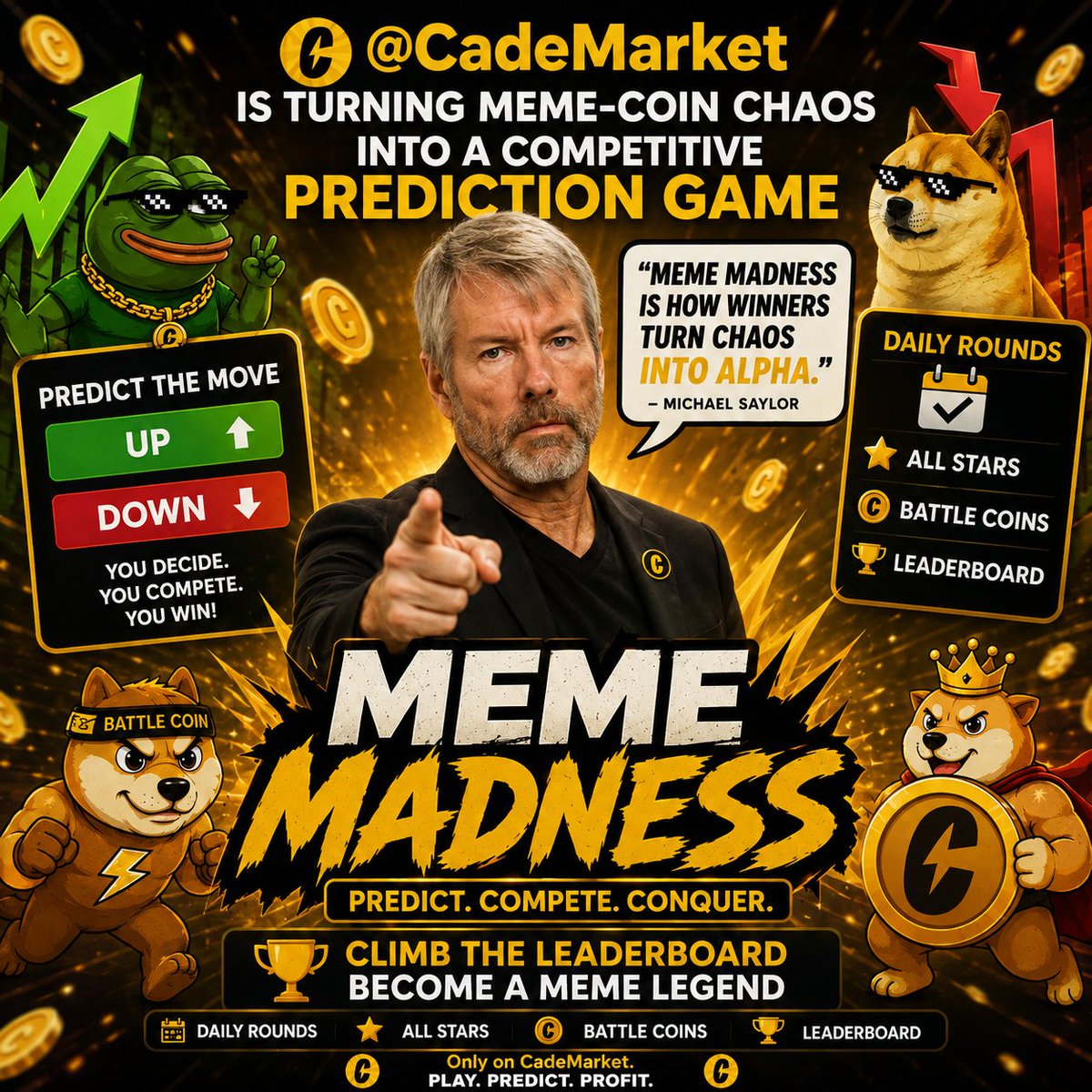Jimmybuly's tweet photo. @CadeMarket is turning meme-coin chaos into a competitive prediction game.

With Meme Madness, you get daily rounds, All Stars, Battle Coins, &amp; the chance to make UP or DOWN predictions while competing for a spot on the leaderboard. @kosgoood https://t.co/9VdeJqQ11r