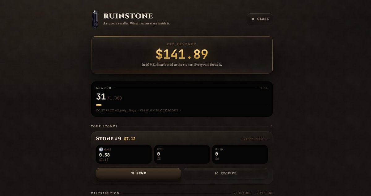 RuinhoodRH's tweet photo. The first 24h already put $142 back into Ruinstones as
$GME ⚔️ 

The gates are wide open now no invite needed

Early raiders, pull up with the same wallet you registered, claim your NFT (gasless) and check the $GME already sitting inside

Go see what’s waiting inside : https://t.co/13snkesDTY