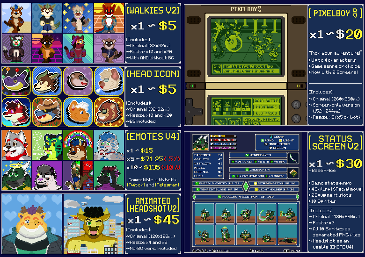 PixlWarren's tweet photo. I can open slots for the small things like [Head Icons] / [Walkies V3] , maybe a slot for [Emotes V4] and [PixelboyDV] as well! You can order 'em through my Ko-Fi or send me a direct message to @PixlWarren ! https://t.co/0DgZy99tr6