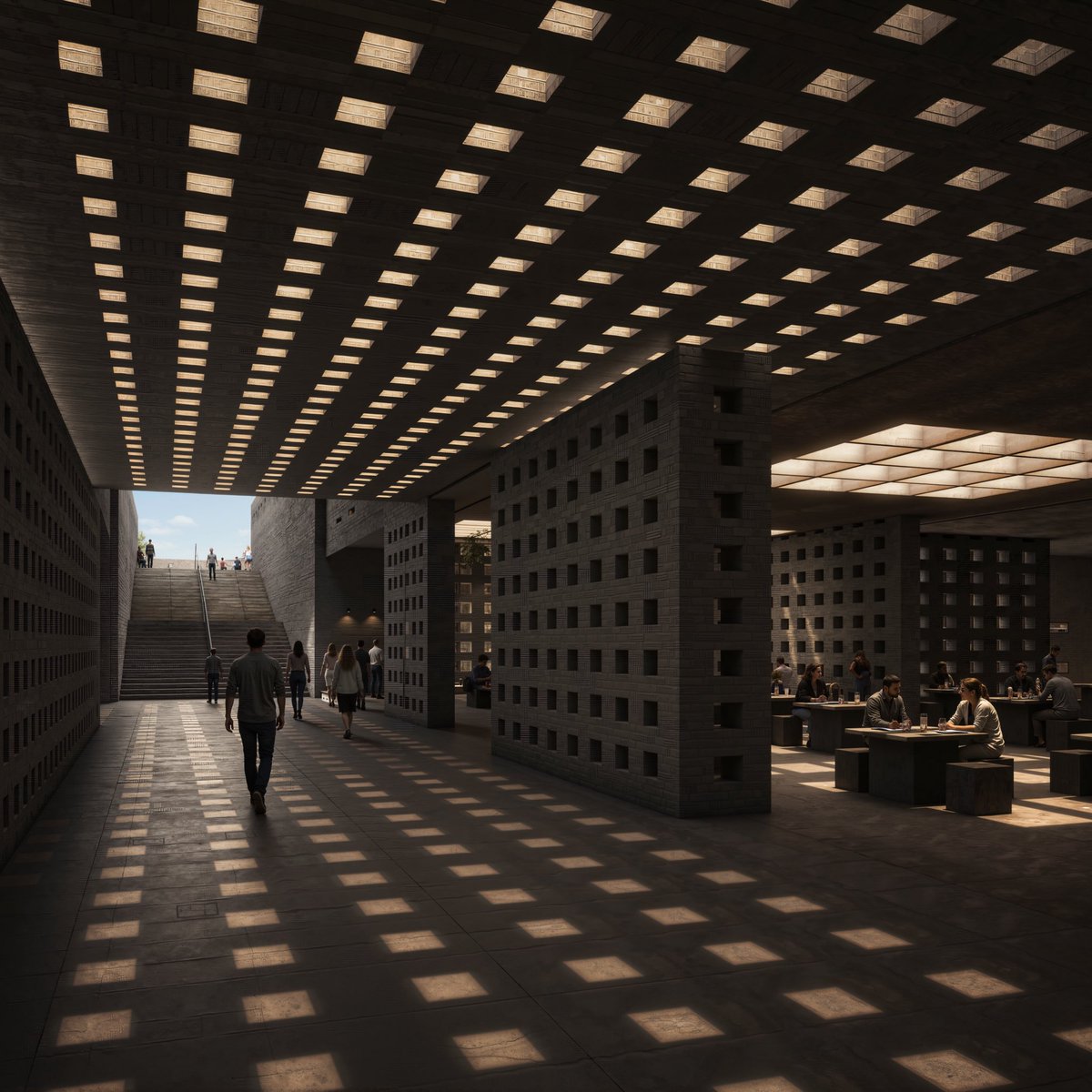 JuneLee_Design's tweet photo. Porosity Gradient: a solar farm in the Mojave with a market, mushroom farms, wine cellars and a seed bank underneath it. 🟧
One square grid governs every surface.
Same geometry. Opposite purpose.
#architecture #agrivoltaic https://t.co/44HPvRMP4h
