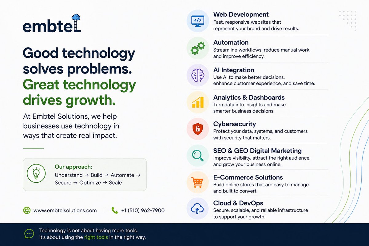 embtelsolutions's tweet photo. Technology isn't about using more tools. It's about using the right tools to solve the right problems.
That's the approach we take at Embtel Solutions.
#Technology #BusinessGrowth #DigitalTransformation #embtelsolutions https://t.co/UxXBFrGRnM